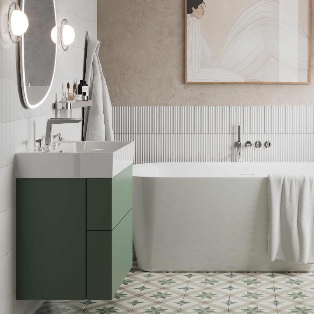 Product Lifestyle image of the Crosswater Avenue Sage Green 600mm Double Drawer Unit with a three tap hole basin